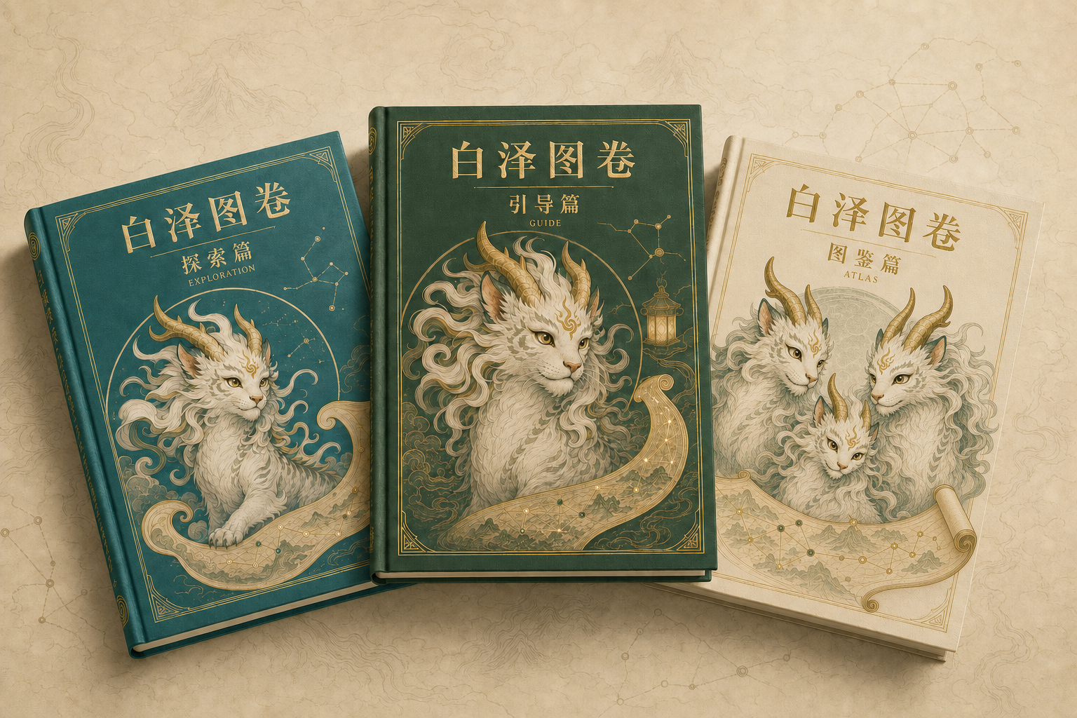 《白泽图卷》探索篇、引导篇与图鉴篇三册扇形展开的假想装帧，图鉴采用具象家庭白泽